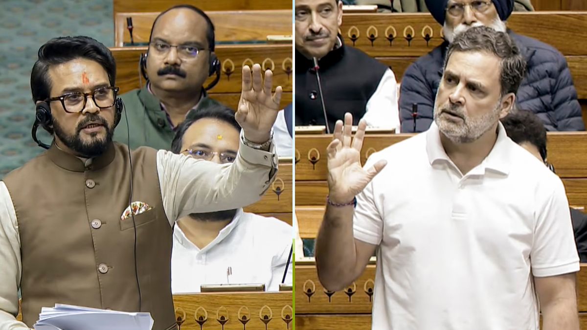 BJP MP Anurag Thakur (L) and Leader of Opposition in the Lok Sabha, Rahul Gandhi (R), speaking during the Budget session of the Parliament on February 11, 2026 | Sansad TV via PTI