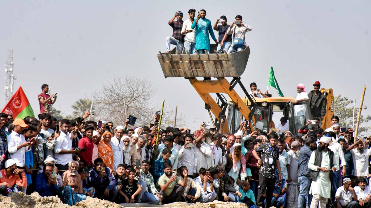 People look on as construction of a mosque, modelled on Ayodhyas Babri Masjid, begins at Beldanga, in Murshidabad district of West Bengal | PTI