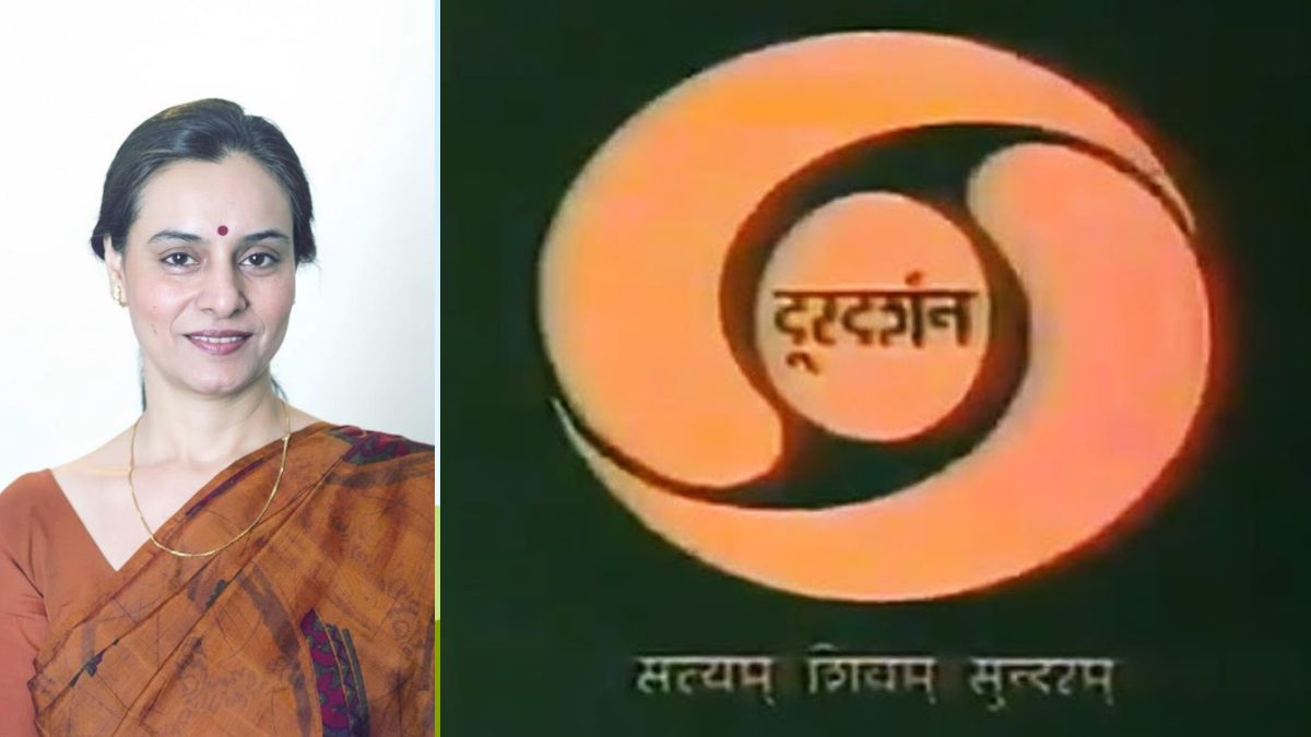 Veteran news anchor Sarla Maheshwari (L) and one of the old logos of Doordarshan (R) | X/@gupta_rekha, YouTube