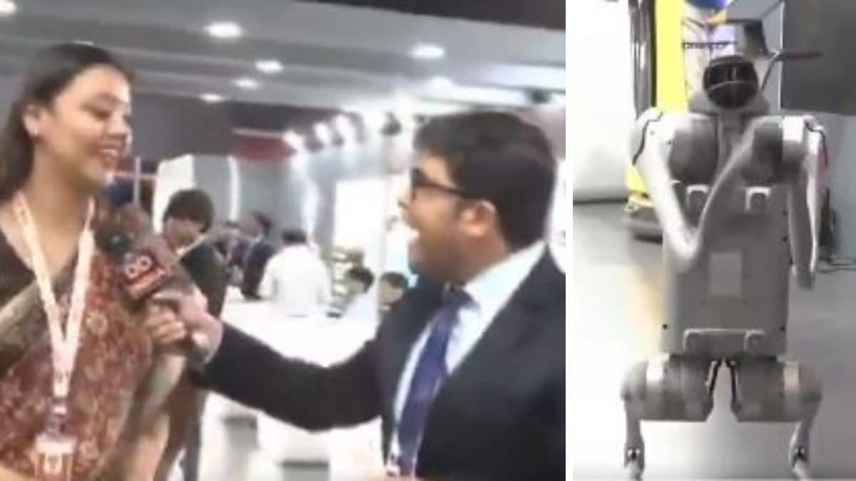 Screengrab from the viral video showing Galgotias professor Neha Sharma claiming the Chinese robot as their own. (Right) The Chinese robot Unitree Go2 | X 