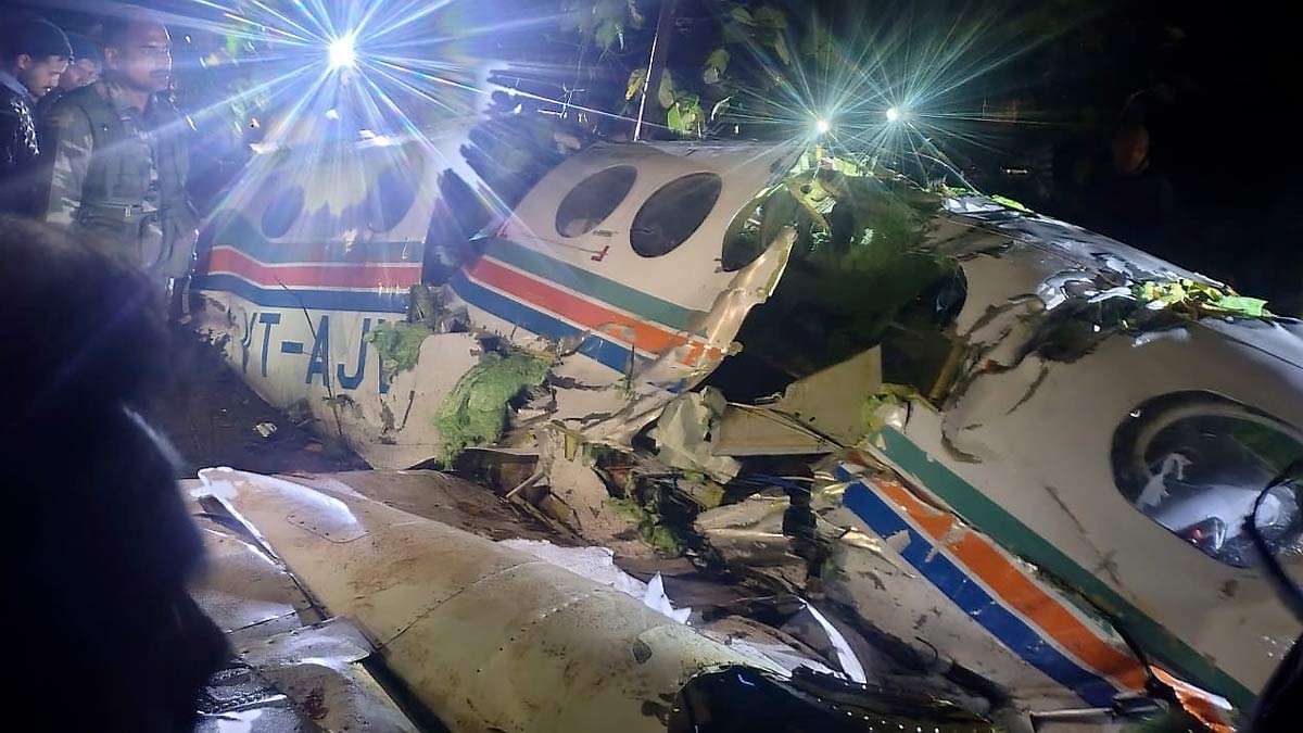People gather near wreckage of the Redbird Airways Pvt Ltd Beechcraft C90 aircraft | PTI