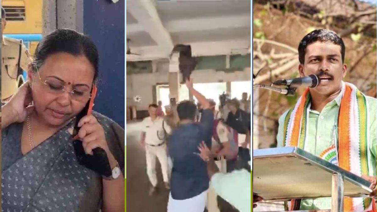 Kerala health minister Veena George (L) nursing her neck after the railway station protest (centre); KSU State Vice President P. Muhammed Shammas (R) | X, Manorama Online