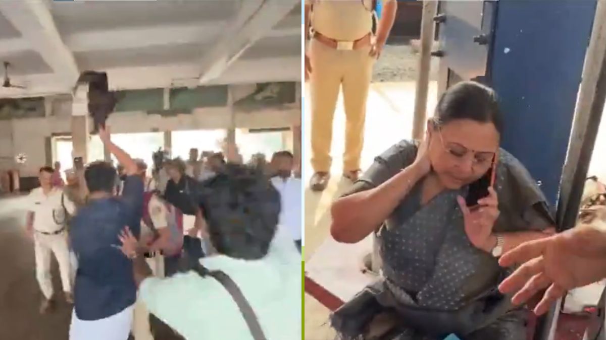 KSU workers rushing at Kerala health minister Veena George with black flags (L); Veena George after the protesters were kept at bay (R) | X/@ANI
