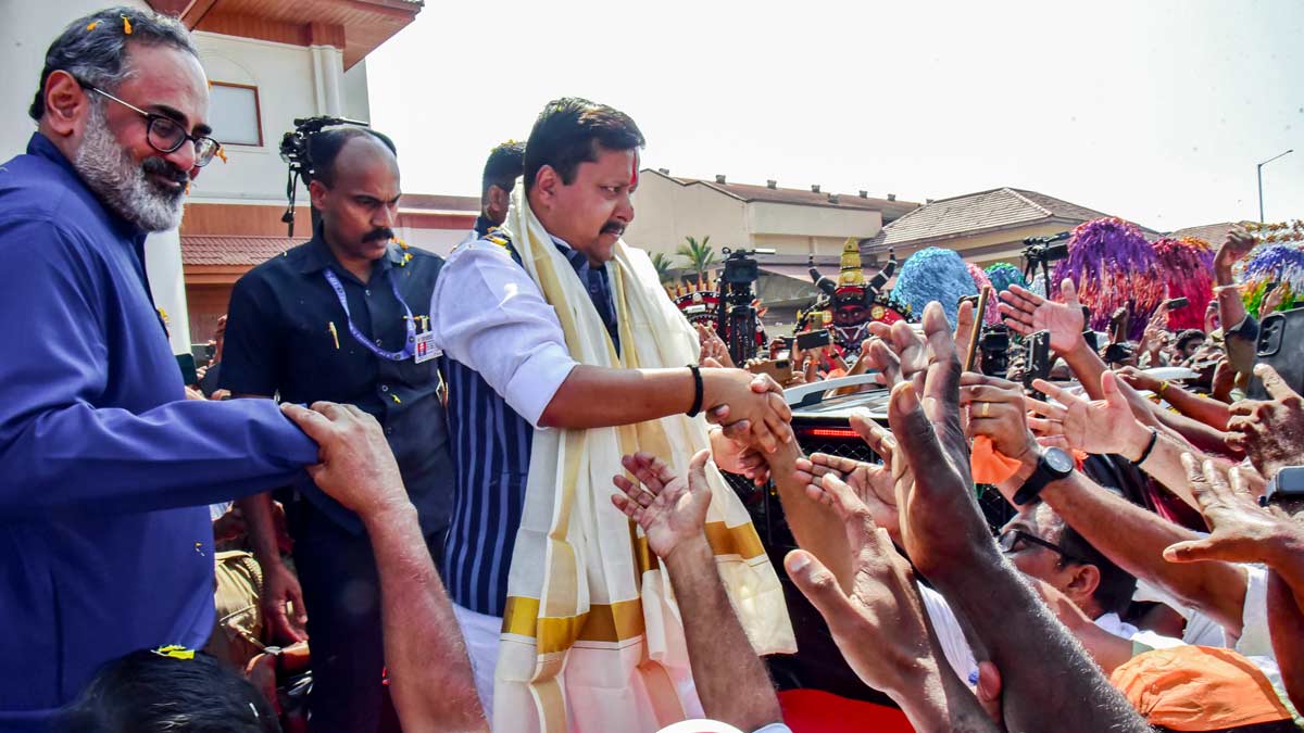 BJP National President Nitin Nabin with Kerala party President Rajeev Chandrasekhar as the former is welcomed by party leaders and workers upon his arrival in Kochi on Friday | PTI