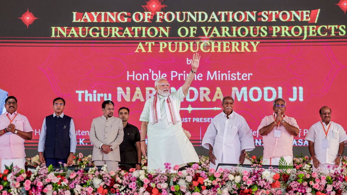 Prime Minister Narendra Modi, Puducherry Chief Minister N Rangaswamy, Lt. Governor K. Kailashnathan and others during the inauguration and foundation stone laying of multiple development projects, in Puducherry | PTI