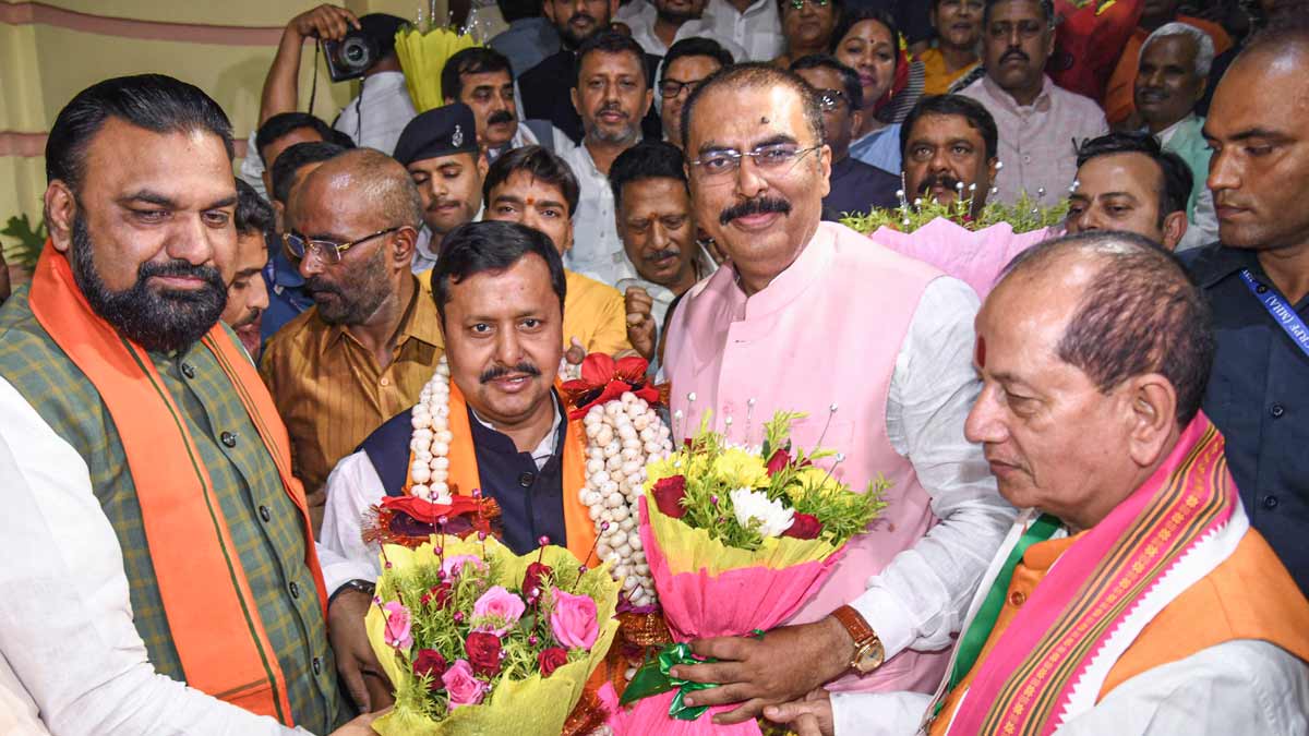 Bihar Deputy Chief Ministers Samrat Chaudhary, left, Vijay Kumar Sinha, right, and others greet BJP President Nitin Nabin after the NDA swept all five Bihar seats in the Rajya Sabha elections, in Patna | PTI