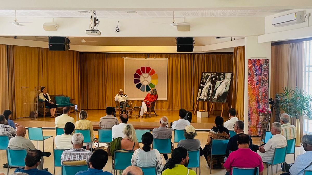 Sraddhalu Ranade (right) in conversation with Prof R.S. Sarraju at the 2026 Global Spirituality Mahotsav in Auroville