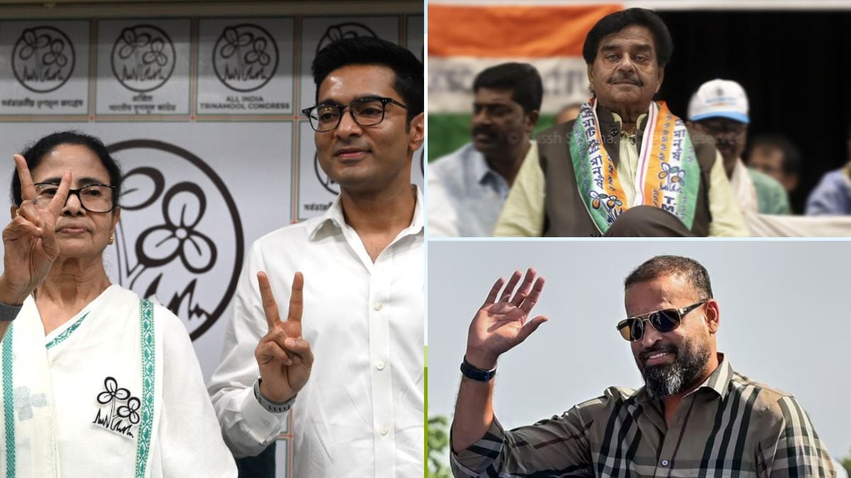(Clockwise from left) West Bengal CM Mamata Banerjee and TMC All-India General Secretary Abhishek Banerjee, actor-politician Shatrughan Sinha, and former cricketer and TMC MP Yusuf Pathan | Salil Bera, Instagram, PTI