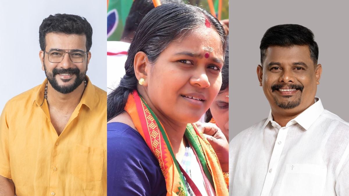 From Left: Congress's Ramesh Pisharody, BJP's Sobha Surendran, CPI(M) Independent N.M.R. Razak | Facebook