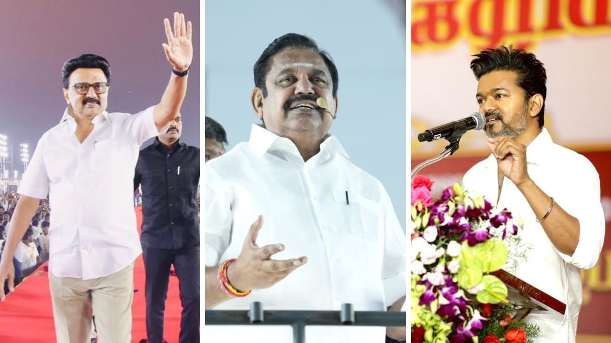 DMK chief M K Stalin, AIADMK general secretary Edappadi Palani Swamy and TVK founder Vijay | X 