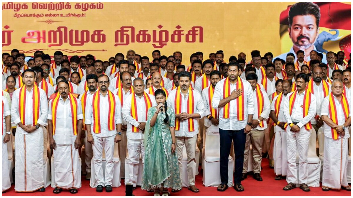 TVK chief Vijay with party candidates during their introduction ahead of the Tamil Nadu Assembly polls in Chennai | PTI