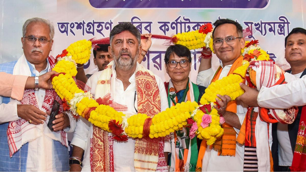 Karnataka Deputy Chief Minister DK Shivakumar, Assam Congress chief and candidate from Jorhat constituency Gaurav Gogoi, party leader Bhupesh Baghel and others during a public meeting | PTI