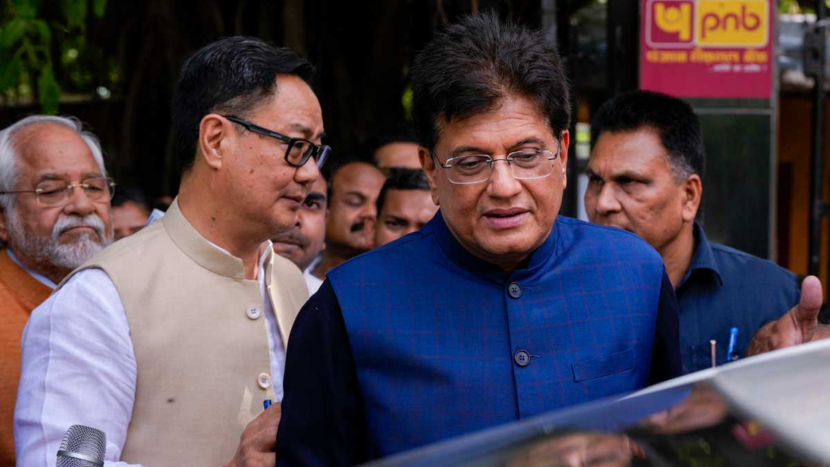 Union Ministers Kiren Rijiju and Piyush Goyal at the Election Commission of India headquarters in New Delhi | PTI