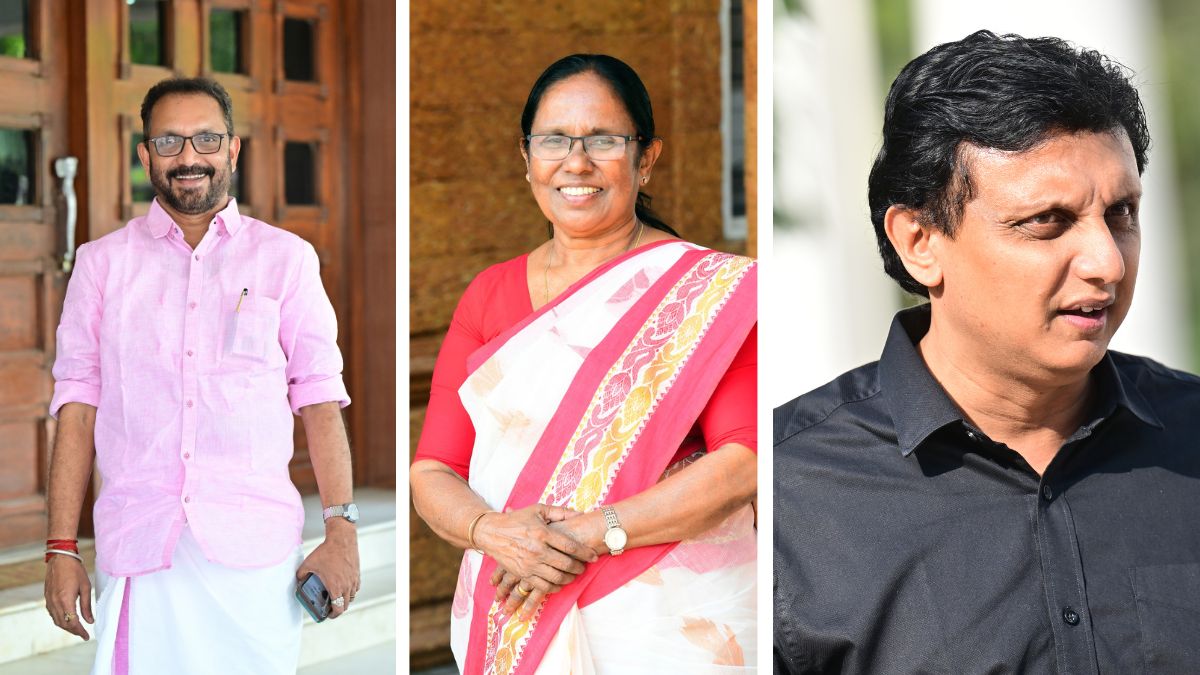 (L) BJP's K. Surendran, LDF's K.K. Shailaja, Minister Mohammed Riyas | Rahul R. Pattom 