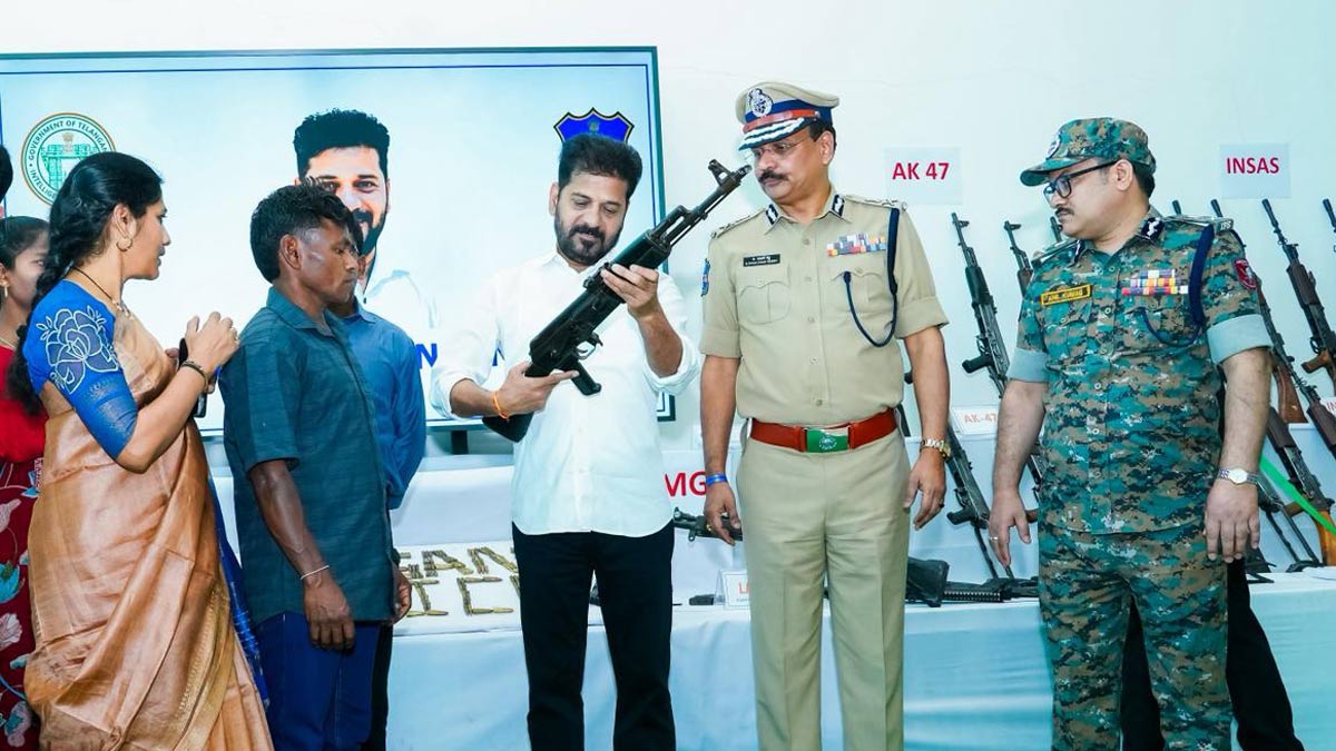 Telangana Chief Minister A. Revanth Reddy during an event at Telangana Integrated Command and Control Centre in Hyderabad to mark the surrender of 130 Maoists