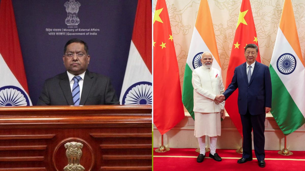 Ministry of External Affairs spokesperson Randhir Jaiswal (L) and PM Narendra Modi meeting with Chinese President Xi Jinping (R) | Reuters, YouTube/MEAIndia