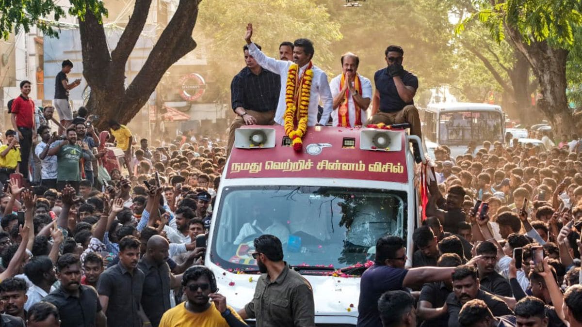 Tamilaga Vettri Kazhagam (TVK) chief and candidate from the Tiruchirappalli East constituency, Vijay, during a roadshow in Chennai | PTI 