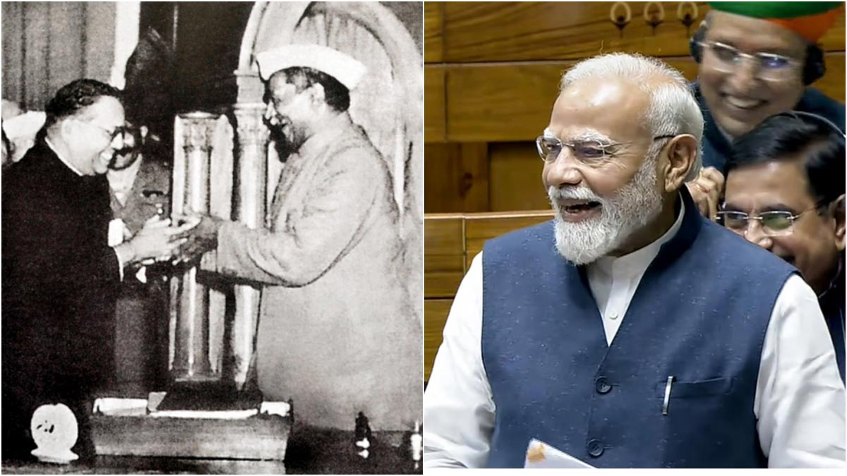 (Left) Dr. Babasaheb Ambedkar, chairman of the Drafting Committee, presenting the final draft of the Indian Constitution to Dr. Rajendra Prasad, President of constituent assembly on 25 November 1949; Prime Minister Narendra Modi speaks in the Lok Sabha during the Special session of Parliament
