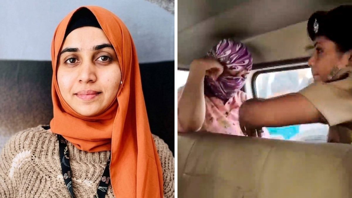 Nida Khan. (Right) Police official detain a senior employee of the IT firm in Nashik | PTI 