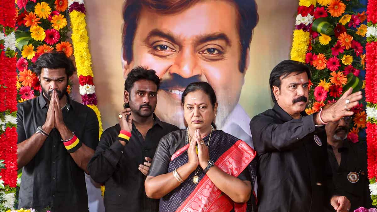 (File) DMDK general secretary and party founder 'Captain' Vijayakanth's wife Premalatha Vijayakanth pays tribute on party founder's second death anniversary, in Chennai | PTI