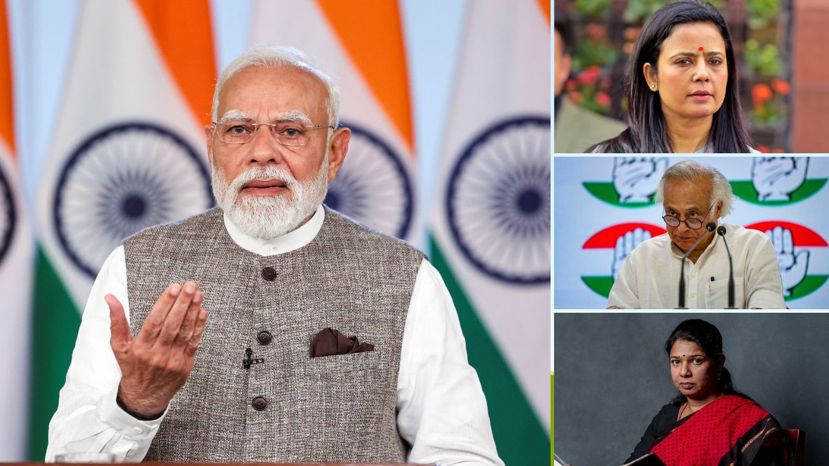 (Clockwise from left) PM Narendra Modi addresses the nation a day after the defeat of the women's quota bill in the Lok Sabha, TMC MP Mahua Moitra, Congress' media chief Jairam Ramesh, and DMK MP Kanimozhi Karunanidhi | PTI
