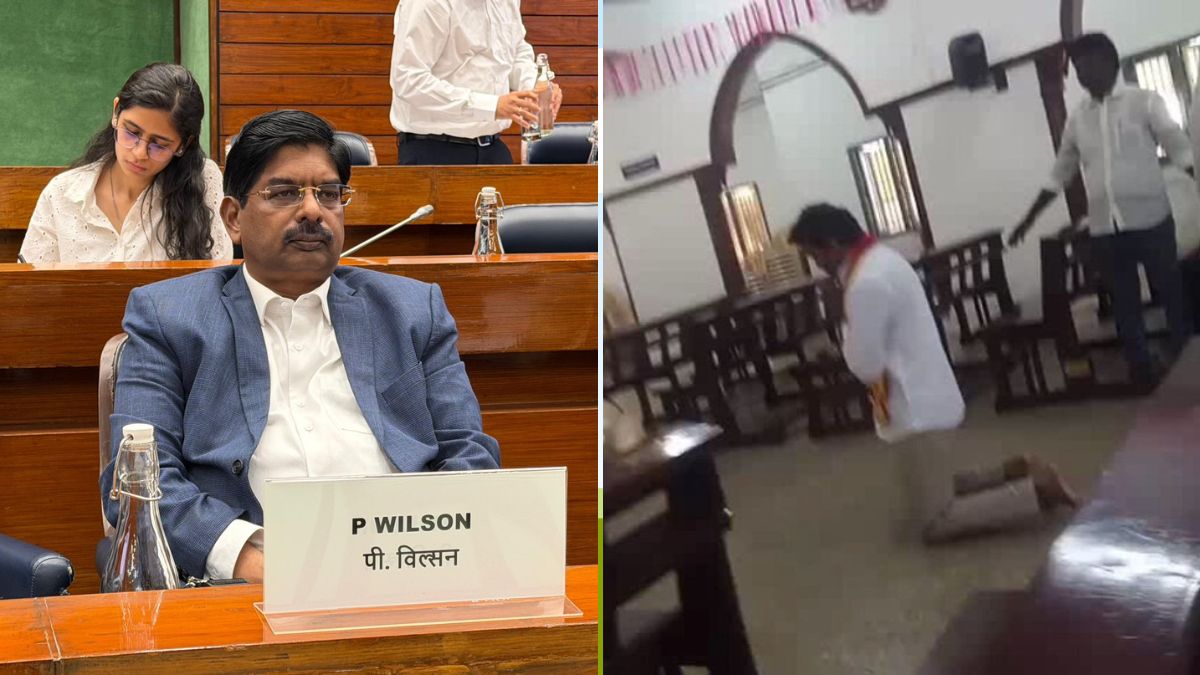 DMK's Rajya Sabha MP P. Wilson (L) and a screengrab of the viral video in which Vijay (R) is seen offering prayers in a church before the TVK's Trichy East campaign | X