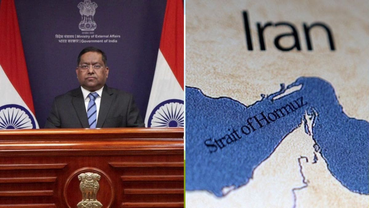 Ministry of External Affairs spokesperson Randhir Jaiswal (L) and a closeup of the Hormuz Strait on a map of the Middle East (R) | Reuters, YouTube/MEAIndia