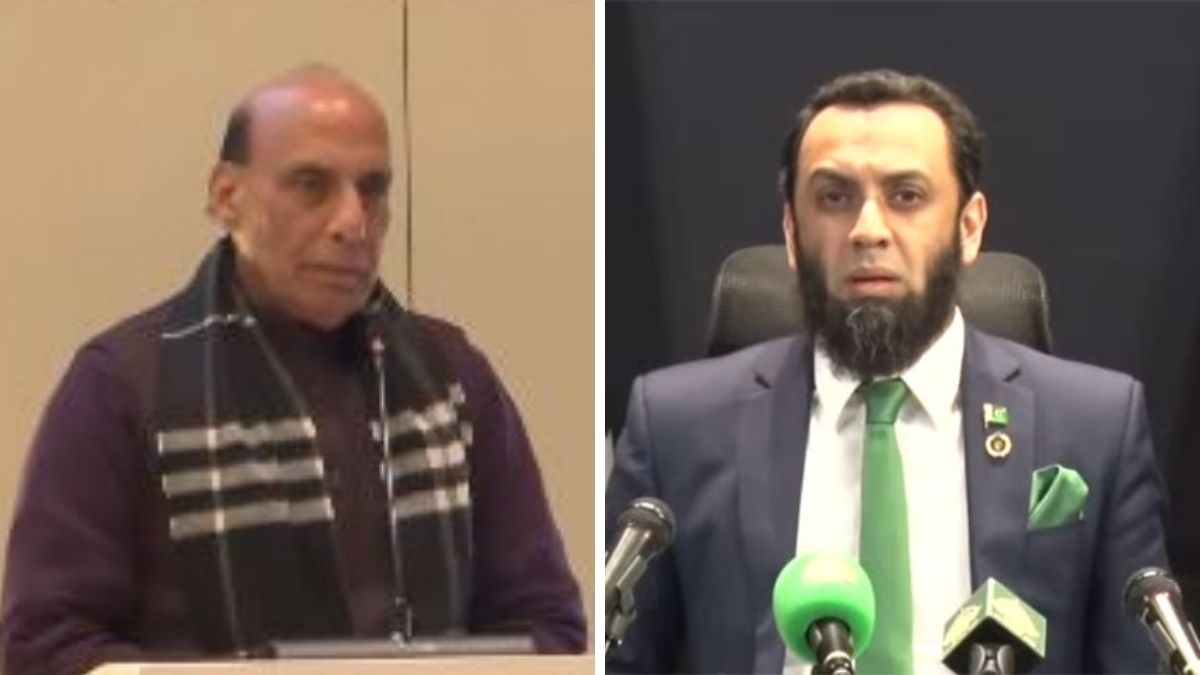 Defence Minister Rajnath Singh. (Right) Pakistan Federal Minister Federal Minister Attaullah Tarar | X 