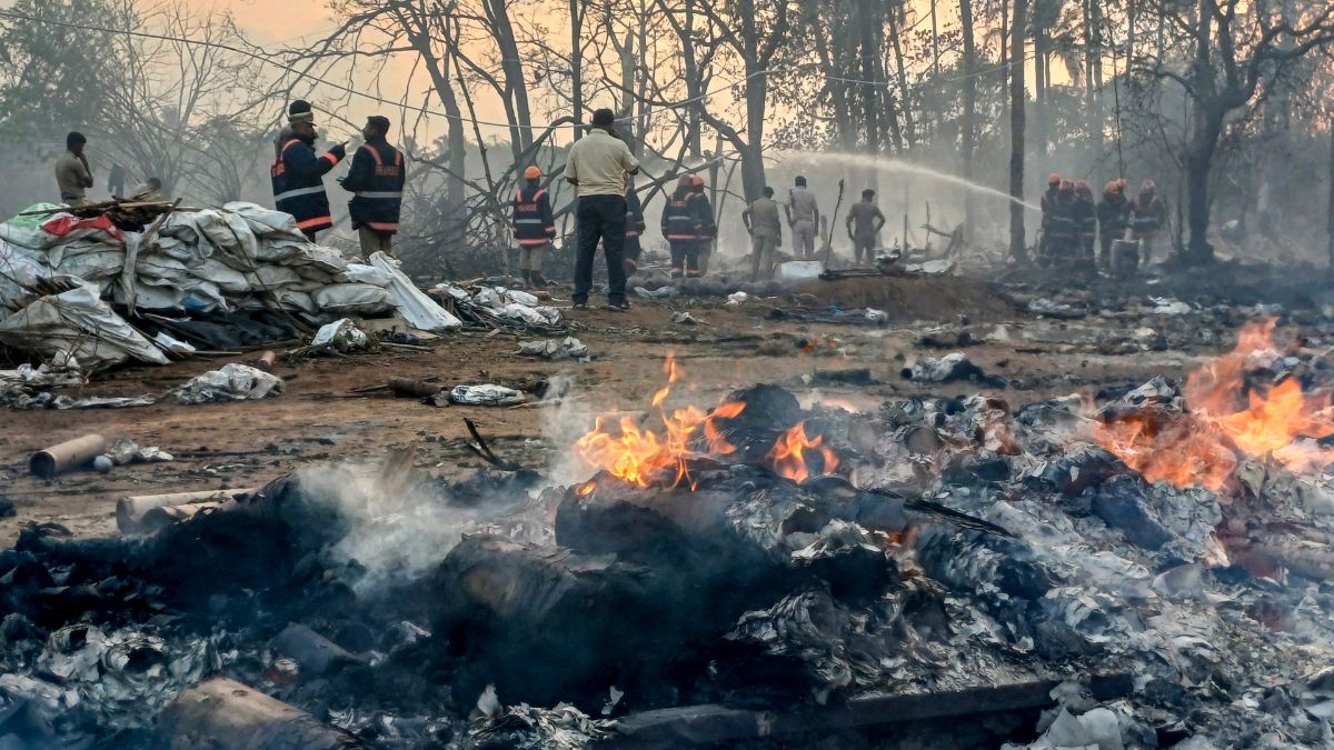 Firefighters douse a blaze after a fire broke out at a fireworks manufacturing unit at Mundathikode village, in Thrissur district | PTI 