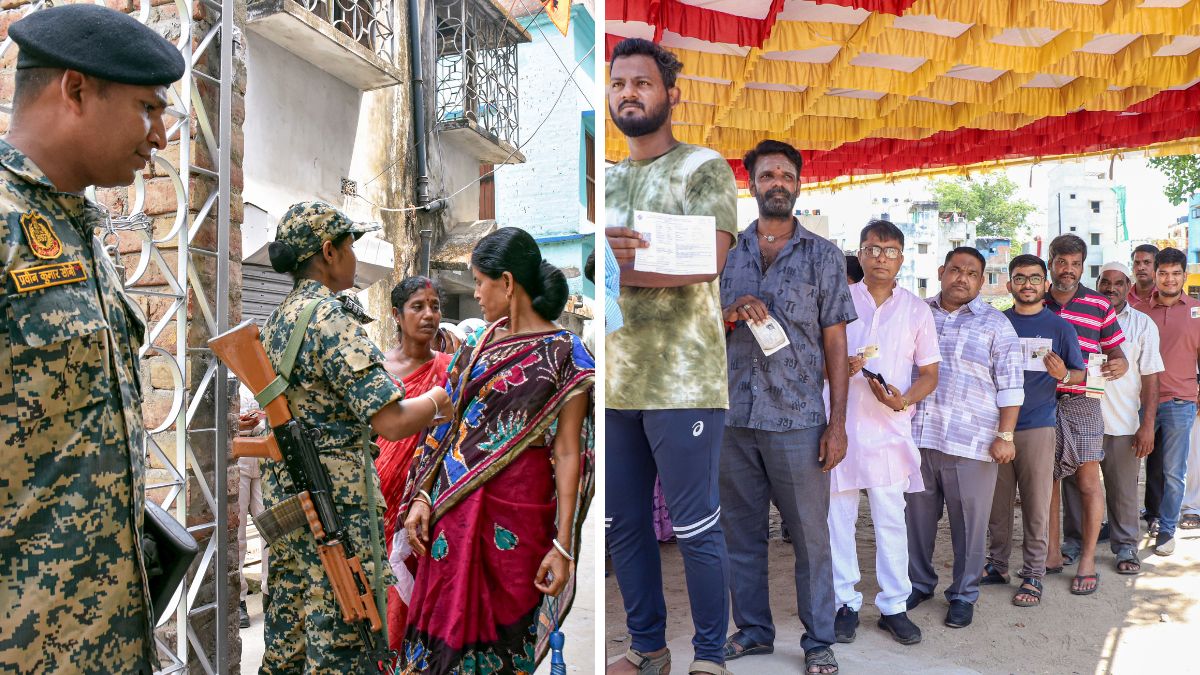 Security check underway during voting in the first phase of the West Bengal Assembly elections, at a polling station in Murshidabad (Right) People wait in a queue before casting their votes in the Tamil Nadu Assembly elections, at a polling station in Chennai | PTI 