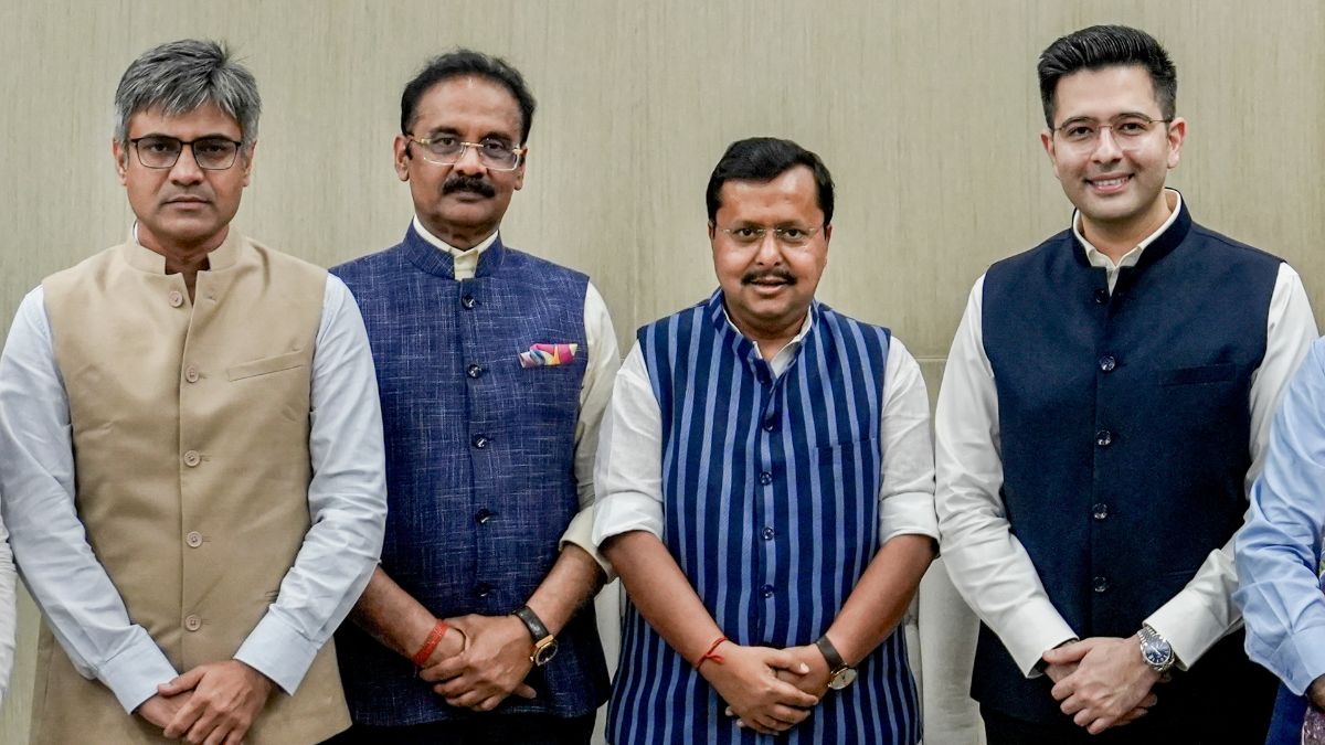 Rajya Sabha MP and LPU founder-chancellor Ashok Mittal (second from left) stands with outgoing AAP MPs Sandeep Pathak (first from left), Raghav Chadha (fourth from left), and BJP National President Nitin Nabin | PTI