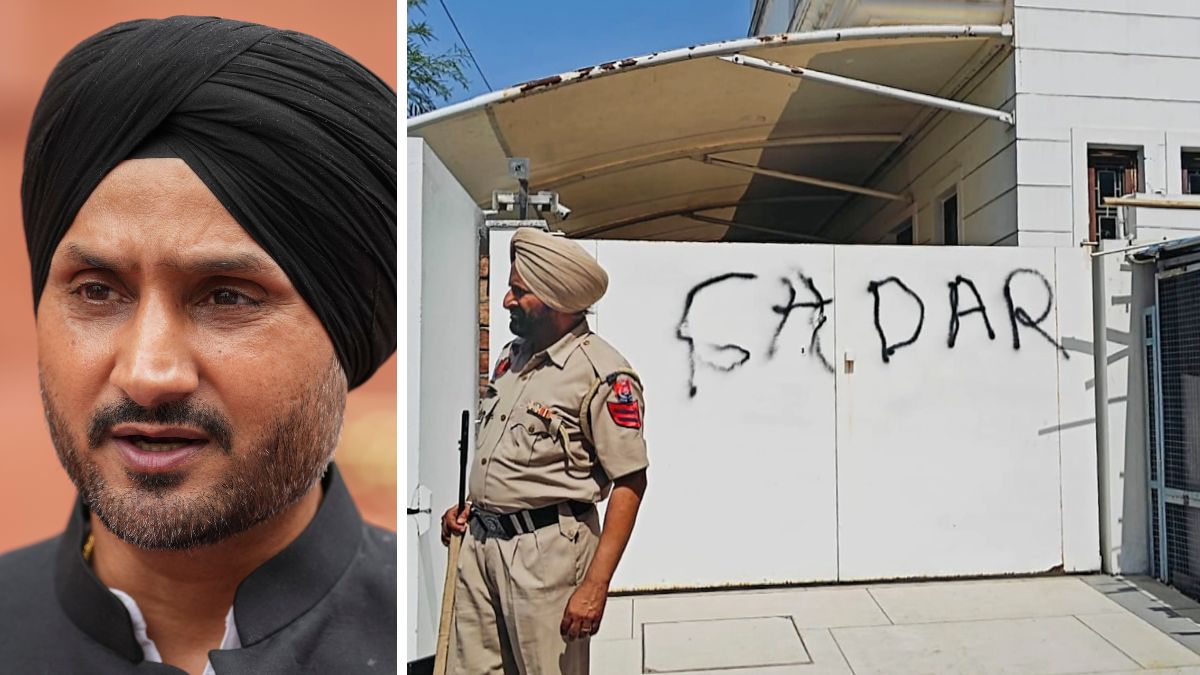 Harbhajan Singh. (Right) A police official stands guard after AAP workers allegedly wrote 'Gaddar', a traitor, with spray paint on the entrance gate of Rajya Sabha MP Harbhajan Singh | PTI 