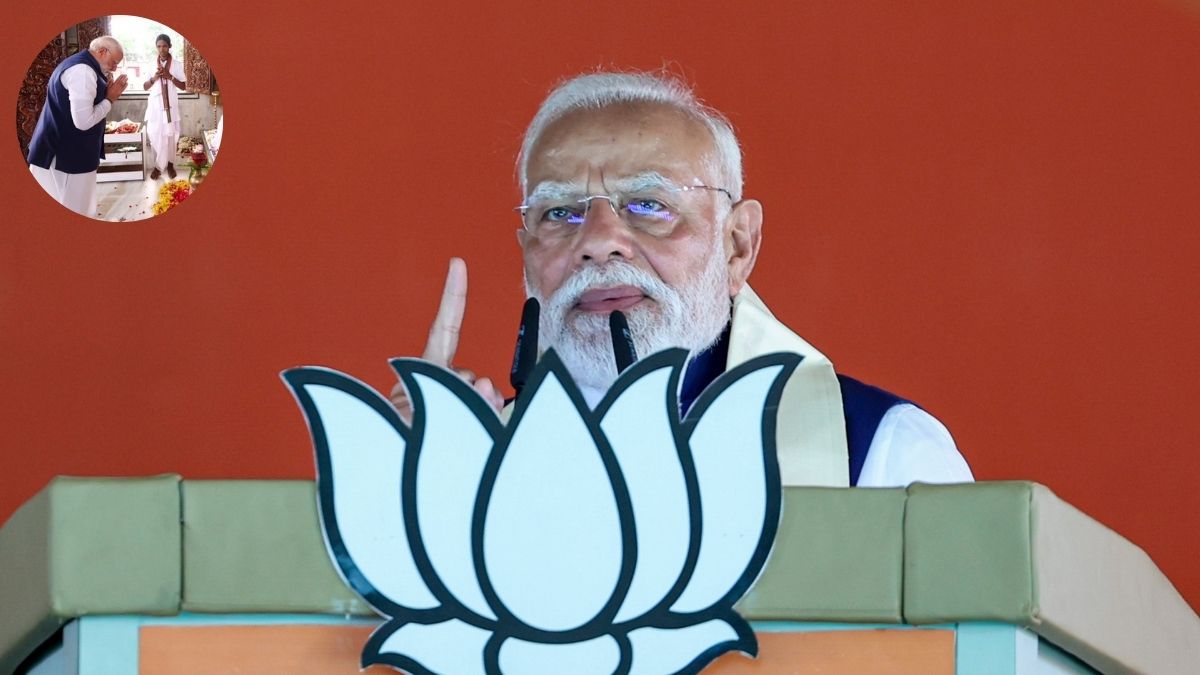 PM Modi speaks at a rally at Bongaon in the North 24 Parganas district of West Bengal; (inset) The PM prays at the Matua Thakur temple in Thakurnagar | PTI