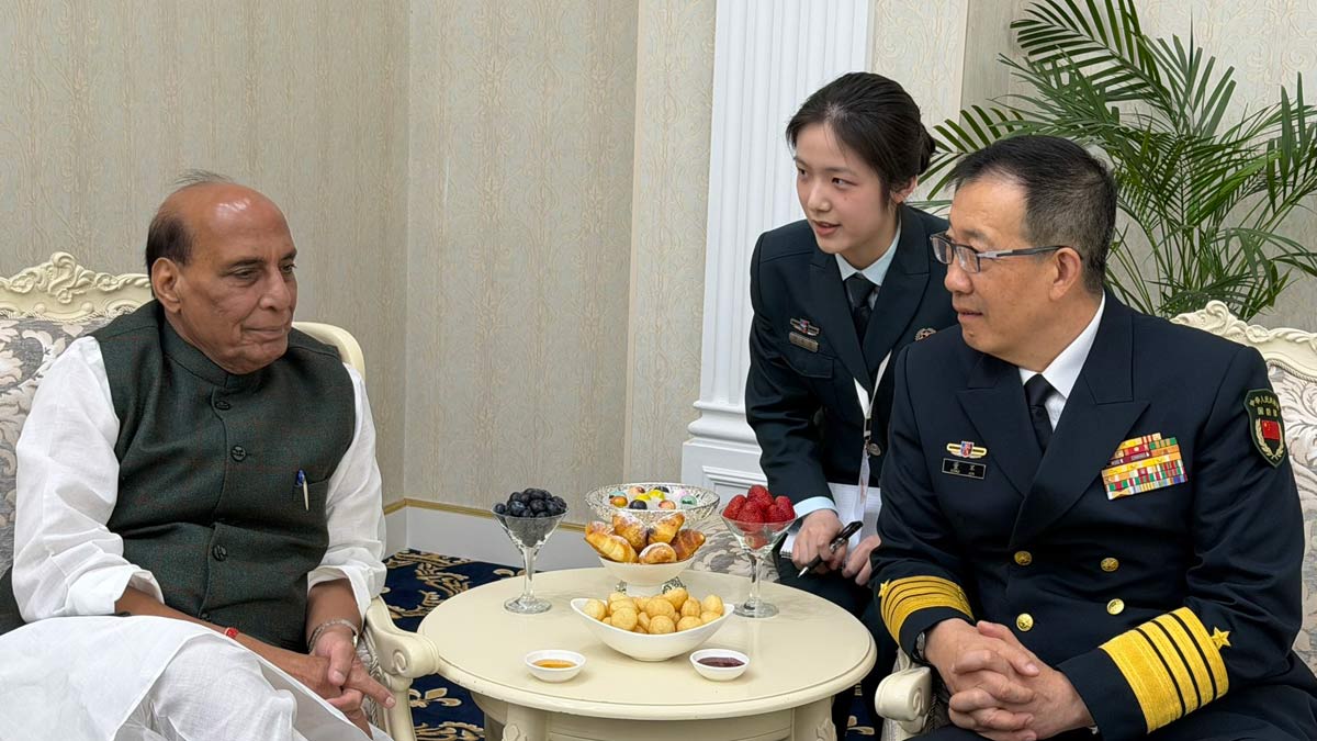 Defence Minister Rajnath Singh during a meeting with his Chinese counterpart, Dong Jun | X
