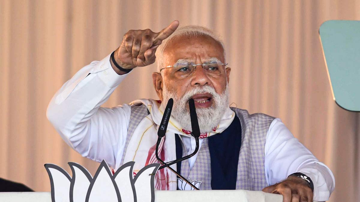 Prime Minister Narendra Modi addreses a public meeting ahead of the Assam Assembly elections, in Barpeta | PTI