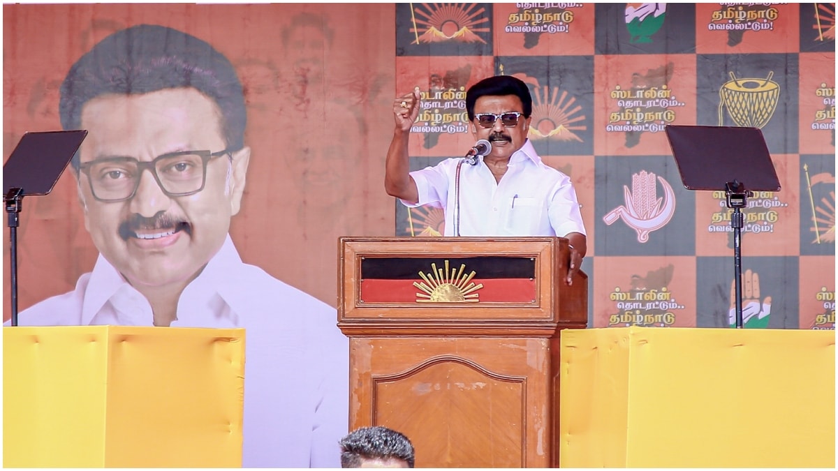 Tamil Nadu Chief Minister MK Stalin addresses a public meeting ahead of the Tamil Nadu Assembly Election in Virudhunagar | PTI