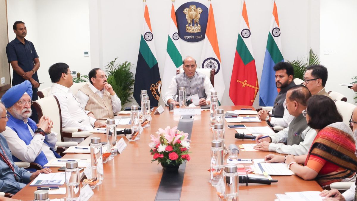 Defence Minister Rajnath Singh (centre) chairs the 5th Informal Group of Ministers (IGoM) meeting on May 11 | X