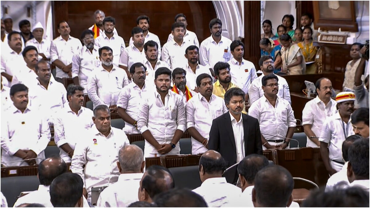 Tamil Nadu Chief Minister C. Joseph Vijay with other MLAs during the oath-ceremony at the state Legislative Assembly | PTI