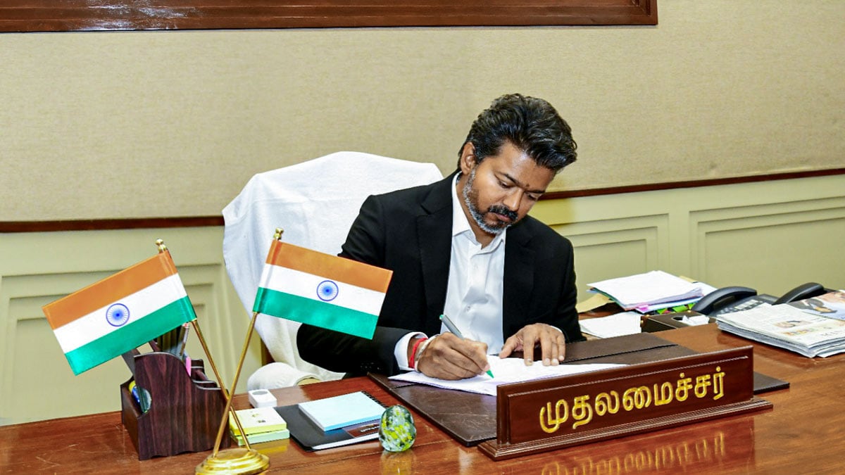Vijay signs documents as he takes charges as Tamil Nadu Chief Minister on May 10 | PTI