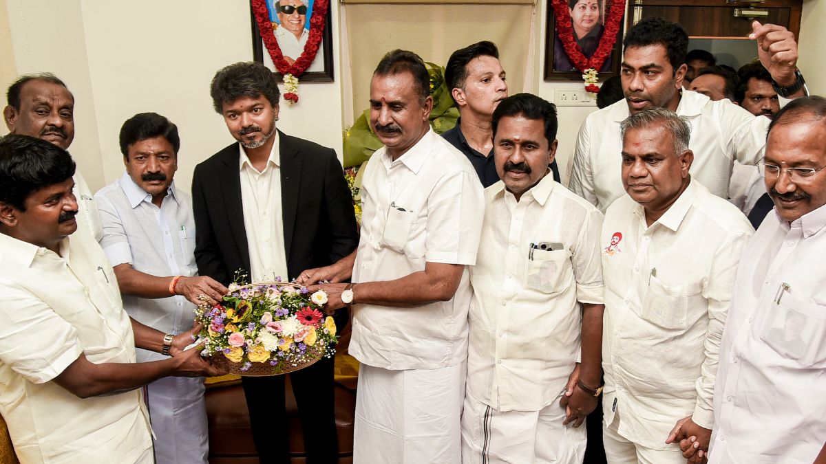 Tamil Nadu Chief Minister C Joseph Vijay with AIDMK leaders CV Shanmugam, SP Velumani and others during a meeting, in Chennai | PTI