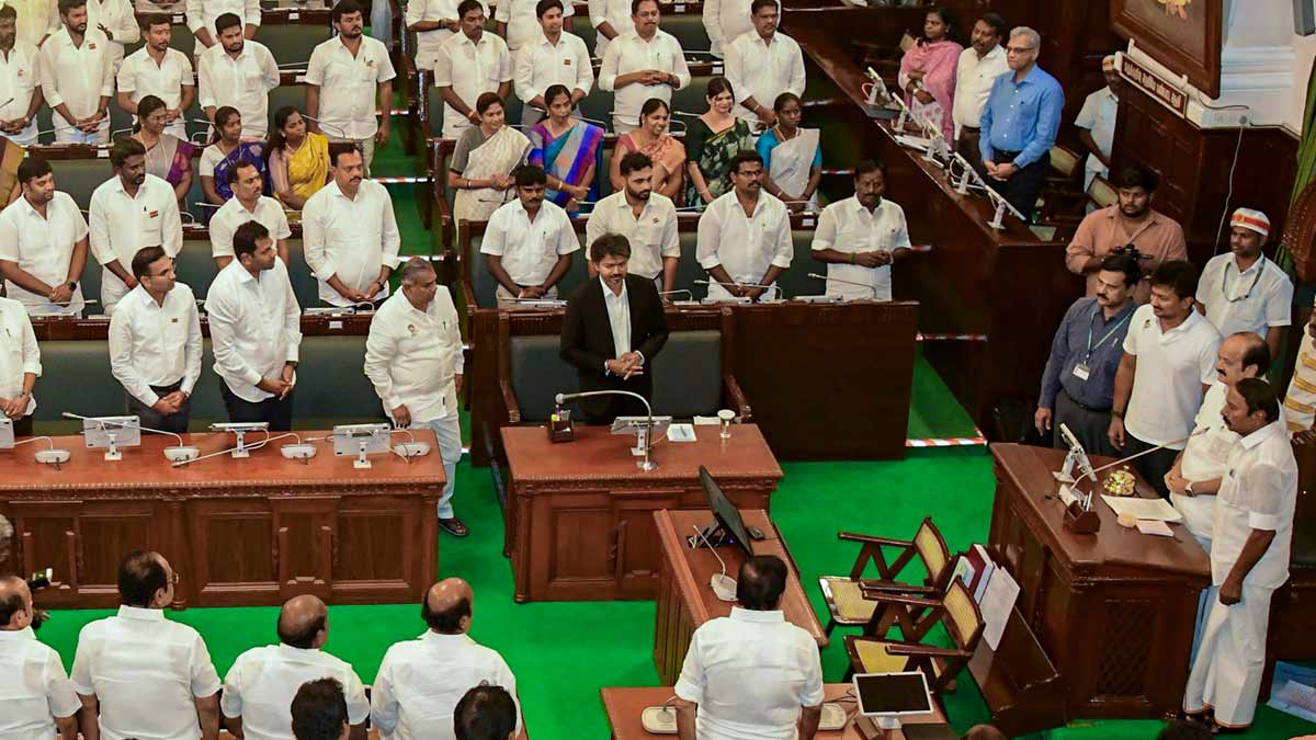 Newly-elected Tamil Nadu Assembly Speaker JCD Prabhakar with state Chief Minister C. Joseph Vijay, former state Deputy CM and Assembly LoP Udhayanidhi Stalin, TVK leader KA Sengottaiyan and others in the assembly | PTI