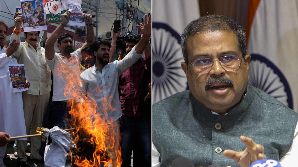 Congress supporters burn an effigy of Union Education Minister Dharmendra Pradhan during a protest following the cancellation of the NEET-UG 2026 exam, in Jammu | AP; Pradhan addresses a press conference on the NEET-UG 2026 re-examination issue, in New Delhi | PTI