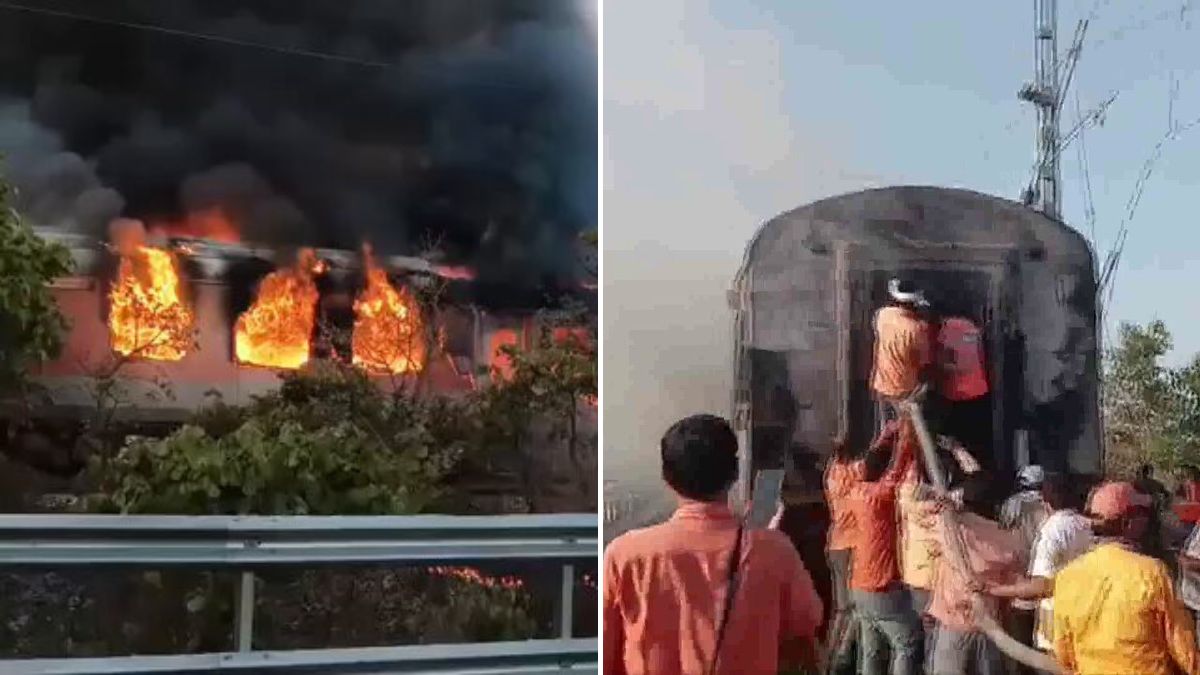 Visuals from the fire aboard the Thiruvananthapuram-Hazrat Nizamuddin Rajdhani Express (L); Visuals from the area after the fire was extinguished (R) | ANI
