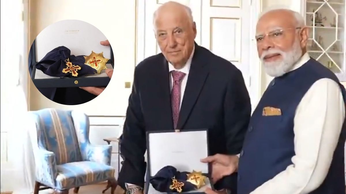 King Harald V of Norway (L) confers the Grand Cross of the Royal Norwegian Order of Merit on PM Modi (L); (inset) A closeup of the honour medallion | ANI