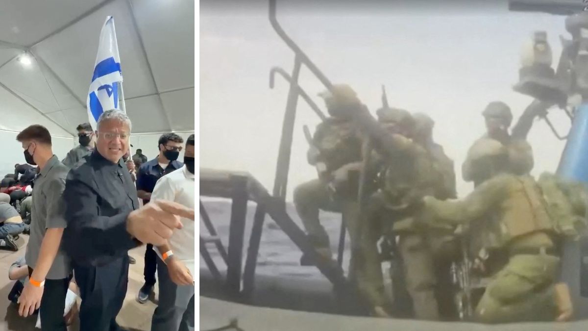 Israeli National Security Minister Itamar Ben Gvir reacts as flotilla activists are detained by Israeli forces, in Ashdod Port. (Right) An Israeli naval boat intercepts the Global Sumud Flotilla en route to Gaza, in an attempt to deliver aid | Reuters 