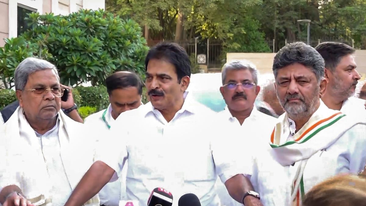 AICC General Secretary K.C. Venugopal speaks to the media after the party high command held a high-level meeting with Karnataka Chief Minister Siddaramaiah and Deputy CM D.K. Shivakumar at Indira Bhawan in New Delhi | PTI
