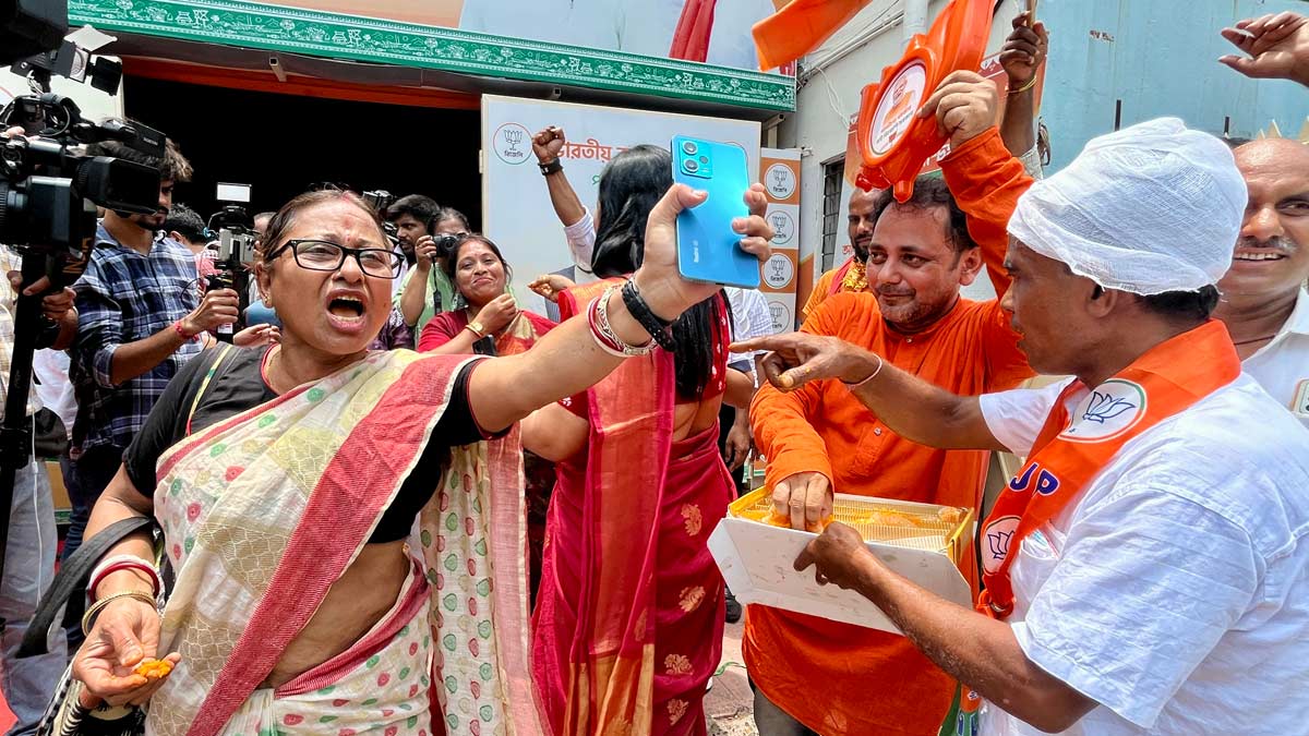 BJP workers celebrate in Kolkata after the party's strong showing in the assembly elections | Salil Bera