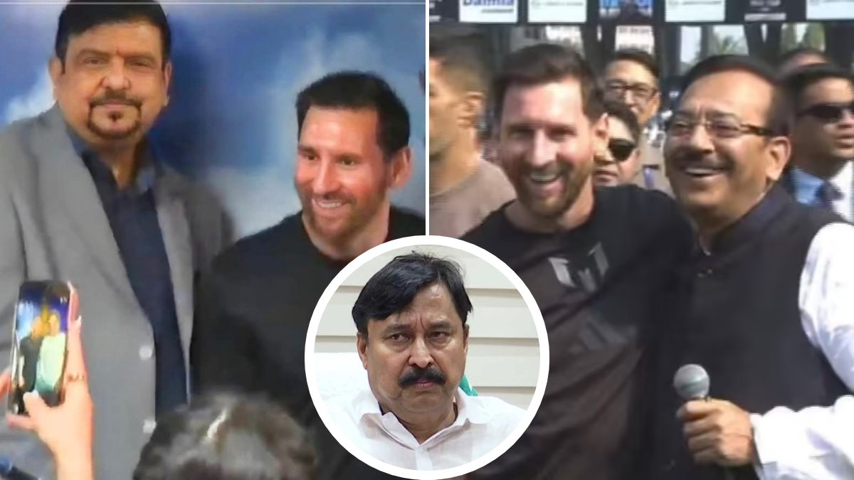 Sujit Bose and Aroop Biswas with Lionel Messi in Kolkata. (Inset) V. Abdurahiman | X