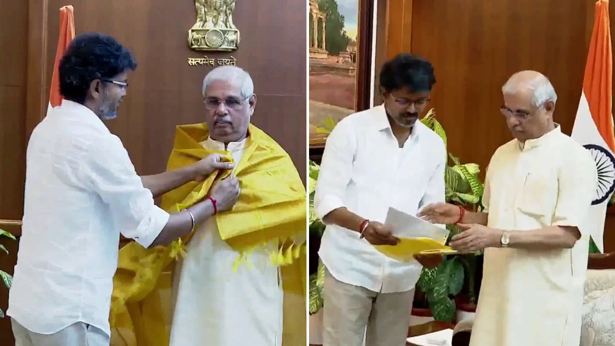 TVK chief Vijay meets with Tamil Nadu Governor Rajendra Arlekar at the Lok Bhavan | Screengrabs: ANI