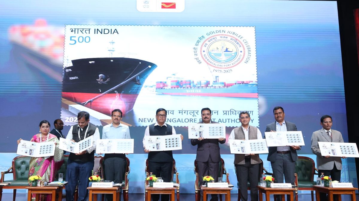 Union Minister Sarbananda Sonowal unveils commemorative postage stamp for the Golden Jubilee milestone of New Mangalore Port Authority.